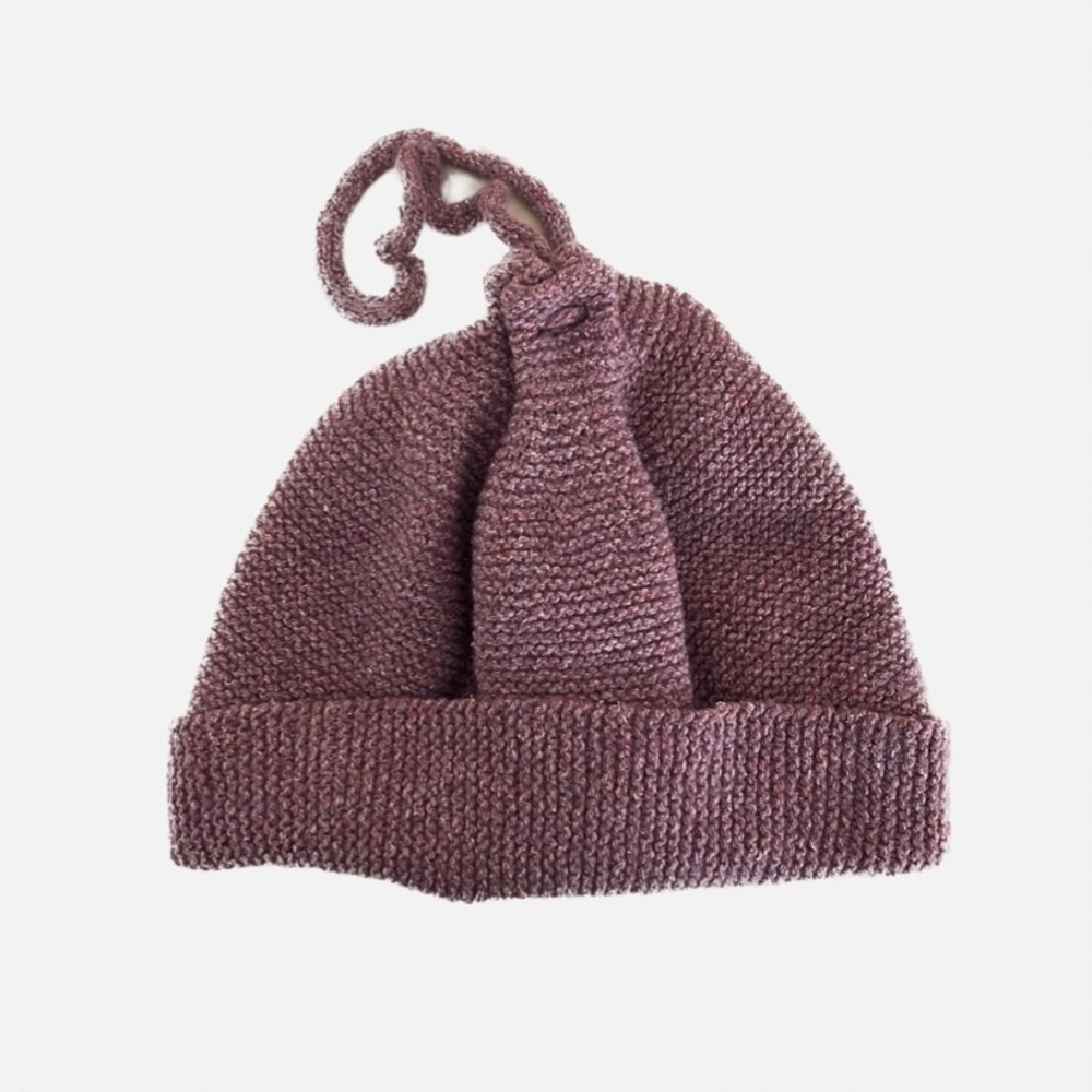 Dee’s Loominary, hand knitted, wool blend, drawstring beanie hat.